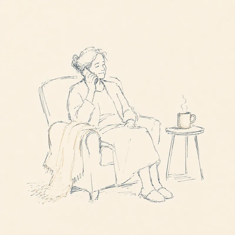 Ilustrație: persoană vorbind la telefon, relaxată, într-un fotoliu
